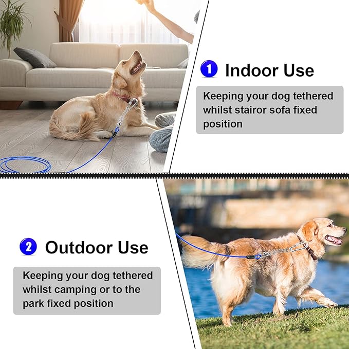 Jenico Dog Tie Out Cable - 10/15/20/30/40/50/70/100/150FT Runner Cable with Swivel Hook and Shock Spring, Outdoor and Camping Dog Leash Run Tether for Small to Medium Pets Up to 500 LBS
