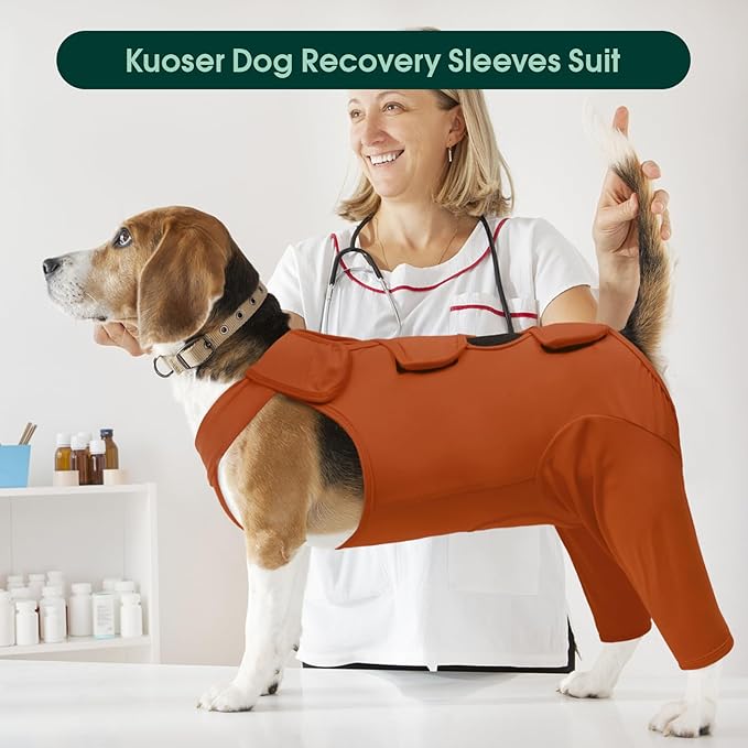 Kuoser Recovery Suit for Back Legs, Thigh Wound Protective Sleeve, Recovery Sleeve for Female Male Dogs, Onesie After Surgery, Pet Surgical Suit for Spay Neuter, Brown XXL