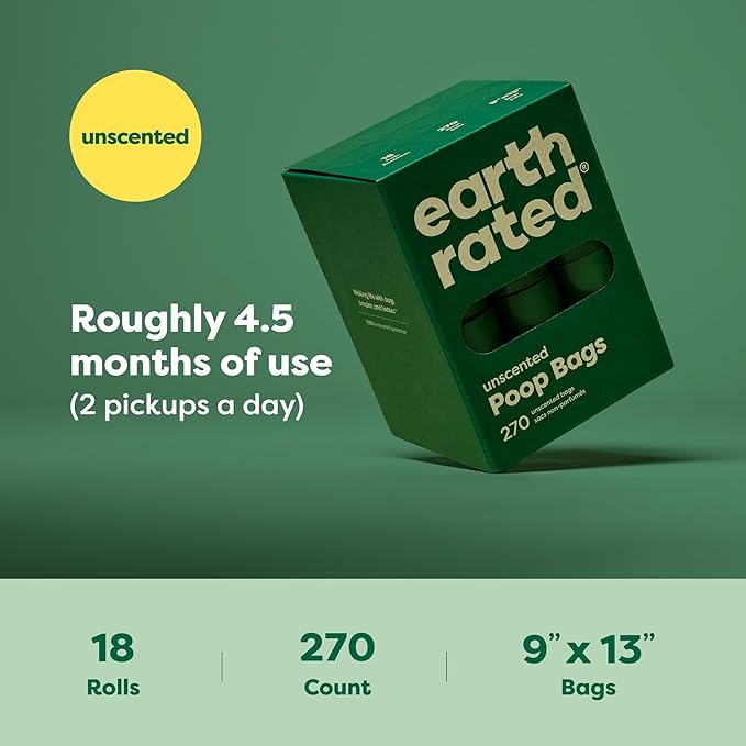 Earth Rated Poop Bags for Dogs, Guaranteed Leak Proof and Extra Thick Waste Bag Refill Rolls, Unscented, 270 Count