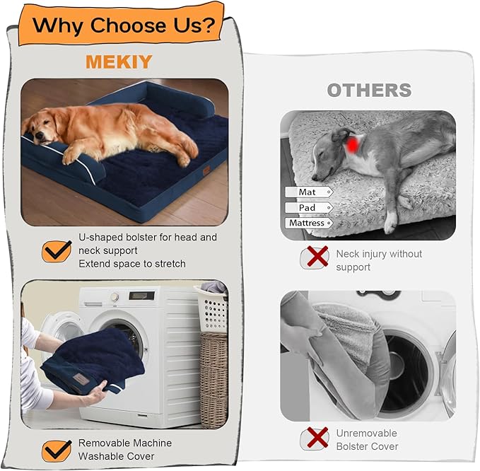 Orthopedic Large Dog Bed Washable: Orthopedic Dog beds for XXXLarge Size Dogs, Waterproof Washable Cover with Egg Foam Removable Bolster, Navy Blue Pet Beds for Large Dogs