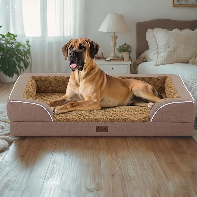 Orthopedic XL Dog Bed for Extra Large Dogs, Waterproof Memory Foam Dog Beds with Sides, Non-Slip Bottom and Egg-Crate Foam Big Dogs Couch Beds with Removable Washable Cover(X-Large,Brown)