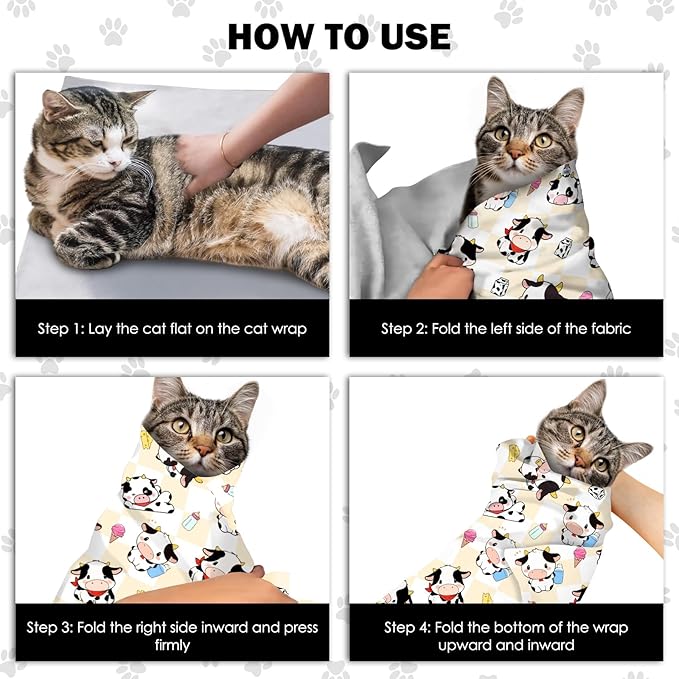 27.6" Cat Grooming Wrap, Self Adhesive Cat Wrap for Cutting Nails, Anti-Escape Calming Cat Swaddle Wrap for Medicine Ear Cleaning, Cartoon Cow Anti-Scratch Cats Burrito Restraint Blanket, Pet Tool