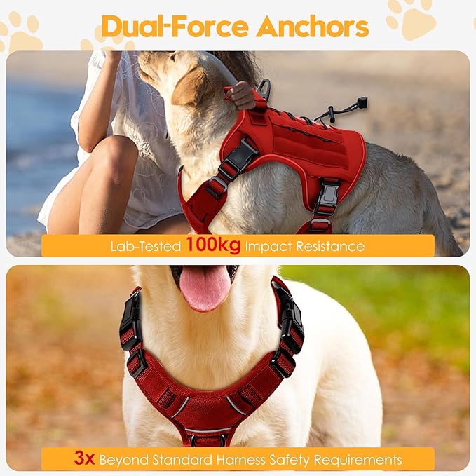 Heavy-Duty Tactical Dog Harness for Large Dogs, No Pull Adjustable Reflective Pet Vest with Molle System, K9 Military-Grade Control for Service Training, Outdoor & 10+ Breeds, Red, XX-Large