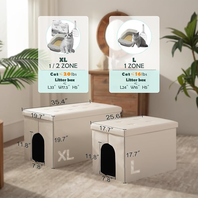 MEEXPAWS Cat Litter Box Enclosure Furniture Hidden, Cat Washroom Bench Storage Cabinet |Large 25.6'' x 17.7'' x 17.7''| Dog Proof | Waterproof Inside/Easy Clean | Easy Assembly | Odor Control(White)