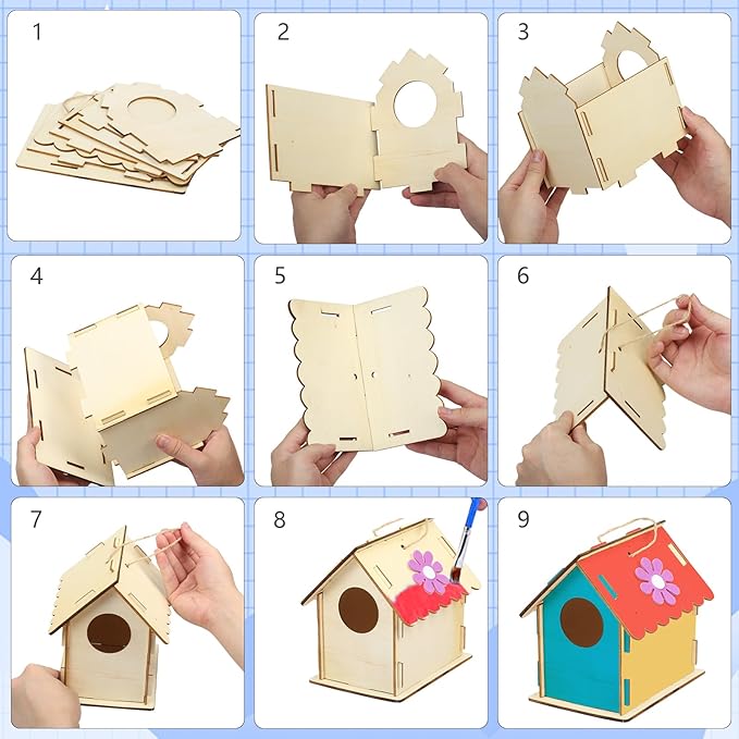 Fennoral 12 Pack Bird House Craft Kit for Kids Make You Own Bird Wind Chime Kit DIY Build and Paint Wooden Birdhouses Bird Feeder Art and Craft for Spring Yard Garden Outdoor Decoration
