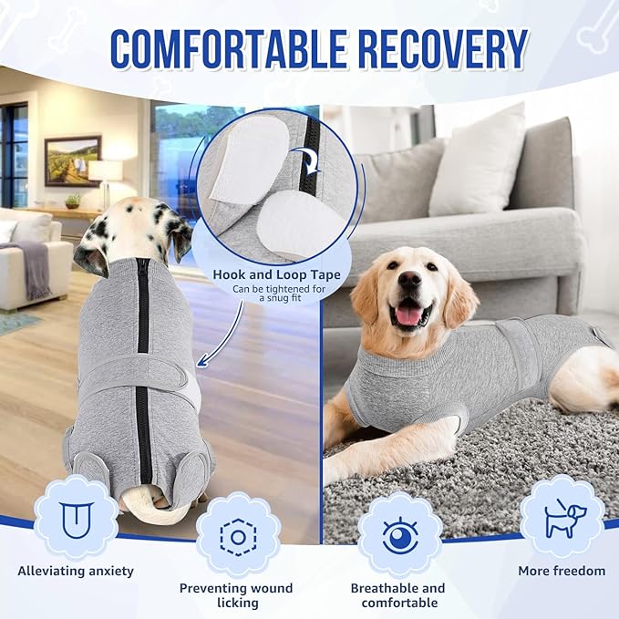 Lukovee Recovery Suit for Dogs, Zipper On Recovery Suit for Female Male Dog, Onesie Abdominal Wounds Cone E-Collar Alternative Prevent Licking Spay Recovery Suit (GY,XXL)