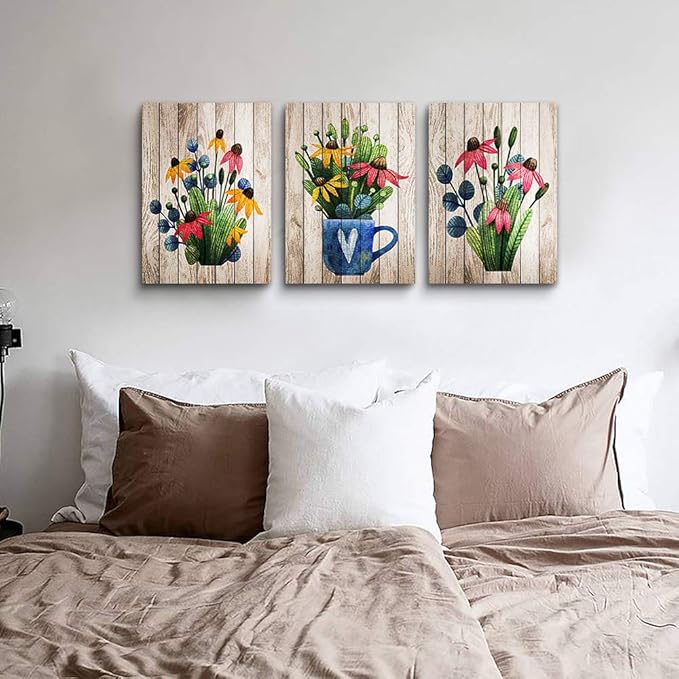 Vintage Wood grain plant flowers wall art for kitchen Wall Decoration for Living Room Wall decor for Bedroom room Decor 20" X 28" 3 Piece Framed Office Canvas print Artwork modern Home Decor painting