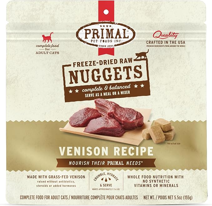 Primal Freeze Dried Raw Cat Food Nuggets Venison, Complete & Balanced Meal or Topper, Premium, Healthy, Grain Free, High Protein Raw Cat Food with Probiotics (5.5 oz)
