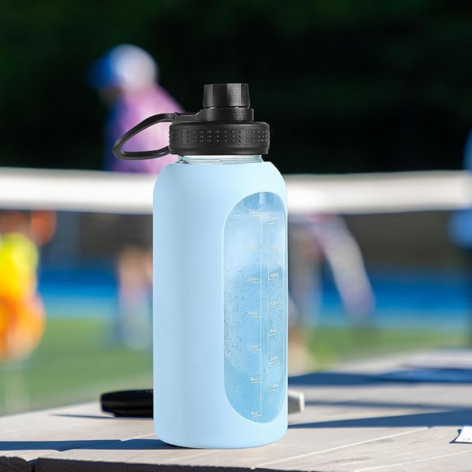 32 oz Glass Water Bottle with Straw and Handle, Sports Motivational Water Flask with Silicone Sleeve, Large Leakproof Water Flask Cup with Time Marker for Travel, Gym, Hot Pink