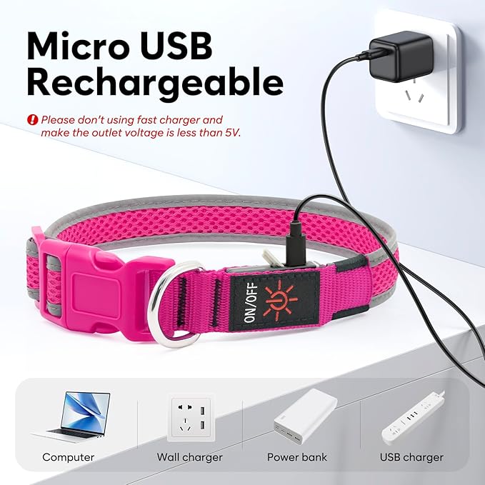 Flashseen LED Dog Collar, Light Up Dog Collar USB Rechargeable, Brightest Dog Lights for Night Walking, Adjustable Dog Collar Light for Dog Safety(Small, Candy Pink)