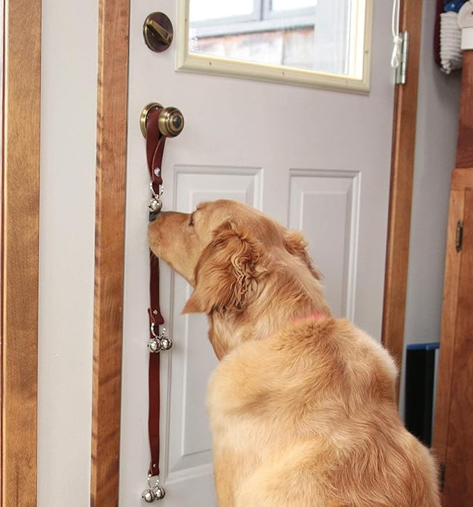 Leather Dog Doorbells for Door Knob/Potty Training/Go Outside, Length Adjustment Copper Dog Bell, Housetraining Hanging Bell, Dark Brown Leather Golden Bells