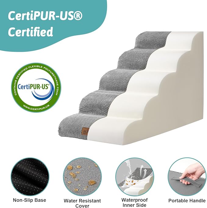 Dog Stairs for Small Dog 22.6" H, Curved Pet Step for Puppy, Older Cat, Medium Pet Ramp for High Bed, Ladder with High Density Foam, Durable, 5 Step, 15.7x33x22.6 inch, Grey