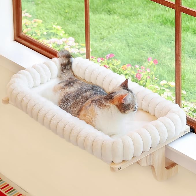SnugCloud Cat Window Perch with 4-Sided Bolster - Orthopedic Cat Hammock for Window Sill - Solid Hardwood & Metal Frame - Window Seat for Pets (Natural Color Wood w/White Bed, Large)