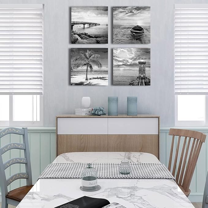 Yxbhhym- Black and White Beach Wall Art Seascape Scenery Canvas Wall Picture Print Sea Palm Poster Painting Office Décor Bedroom Bathroom Wall Art Living Room Home Kitchen Wall Decoration Framed