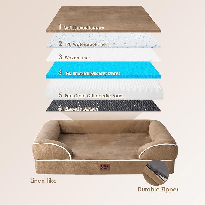 EHEYCIGA Orthopedic Dog Bed for Medium Dogs, Waterproof Memory Foam Medium Dog Beds with Sides, Non-Slip Bottom and Egg-Crate Foam Pet Couch Bed with Washable Removable Cover, Camel