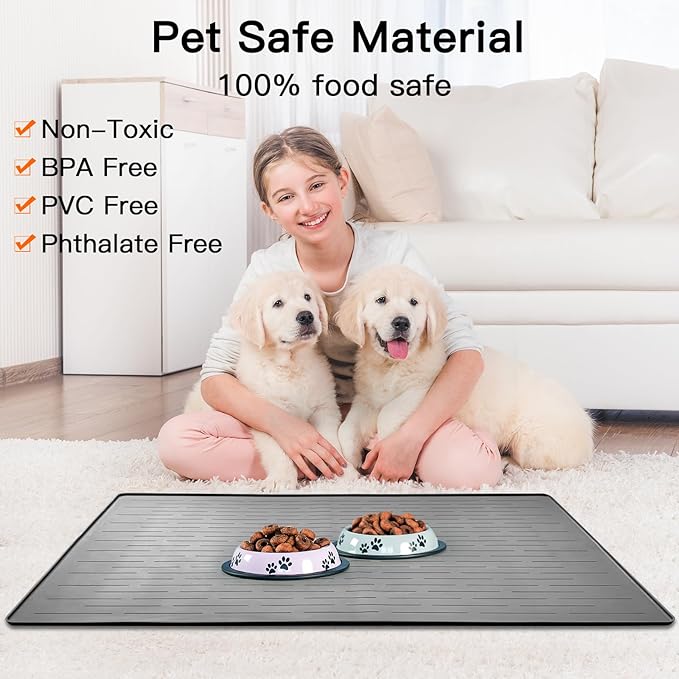 39.4"x29.5" Large Pet Food Mat, Silicone Dog Mats for Food and Water, Nonslip Pet Feeding Mats for Floors,Dog Cat Bowl Mat with Raised Edges, Dark Green