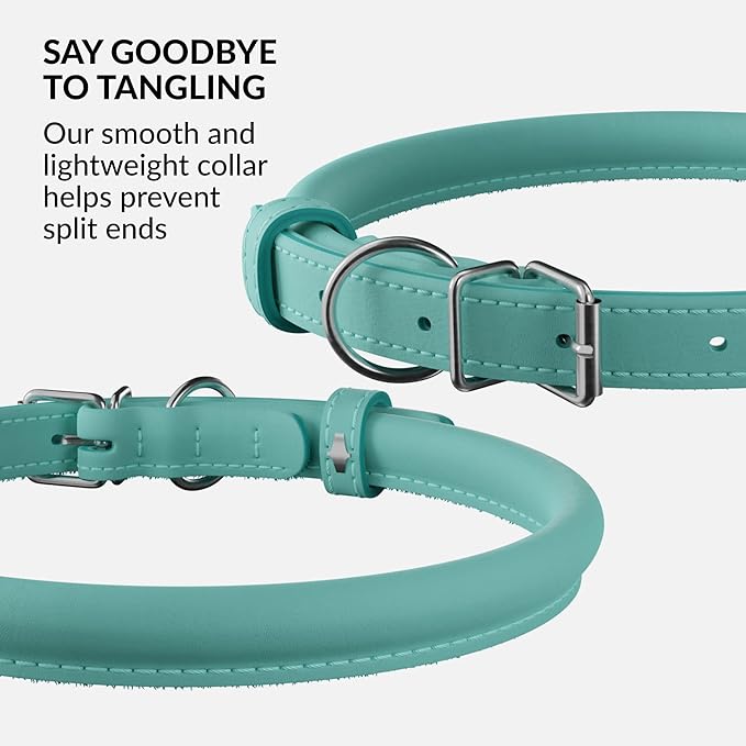 CollarDirect Rolled Leather Dog Collar, Soft Padded Round Puppy Collar, Handmade Genuine Leather Collar Dog Small Large Cat Collars 13 Colors (15-19 Inch, Mint Green Smooth)