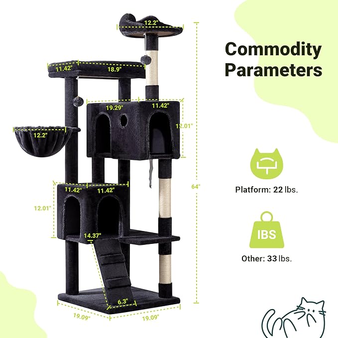 Allewie 64 Inches Cat Tree Tower/Multi-Level Activity Center for Indoor Big Felines/2 Plush Condos/2 Perchs/Basket/House/Sisal Scratching Posts/Hanging Cat Toys/Dark Grey