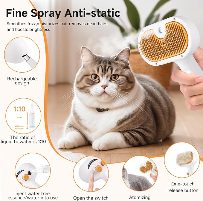 Pet Steam Brush for Dog & Cat – 3-in-1 Spray Hair Removal Comb – Steam for Shedding & Grooming – Water Brush for Long & Short Haired Pets – Spritz Defur Comb – Includes 2*Waterless Shampoo