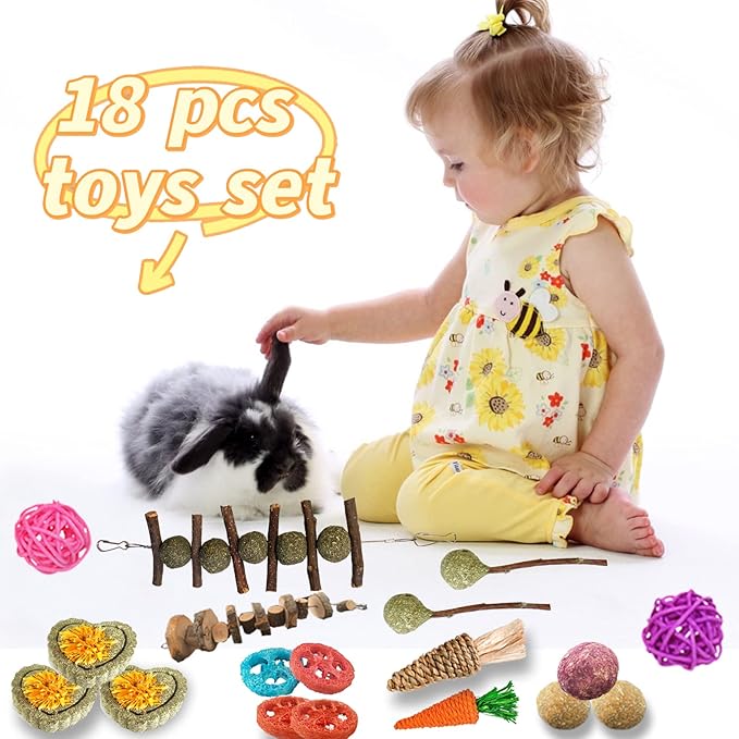 Grddaef 18 PCS Bunny Toys, Rabbit Toys Guinea Pig Toy Natural Apple Wood Grass Timothy Sticks Chew and Treat for Guinea Pigs Hamster Chinchillas