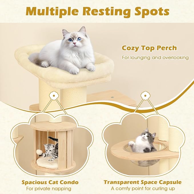 Tangkula 71” Tall Cat Tree, Multi-Layer Wood Cat Tower with Scratching Posts, Perch, Condo, Space Capsule, Ladder, Dangling Ball, Washable Cushions, Modern Cat Tree Tower for Indoor Cats Large Adult