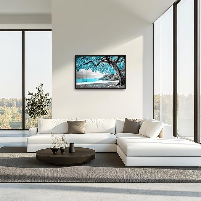 Extra Large Framed Abstract Tree Wall Art,Black and White Tree of Life Wall Decor,Blue Teal Sea Pictures for Living Room,Canvas Print Painting Modern Artwork Bedroom Office Bathroom 36L x 24W