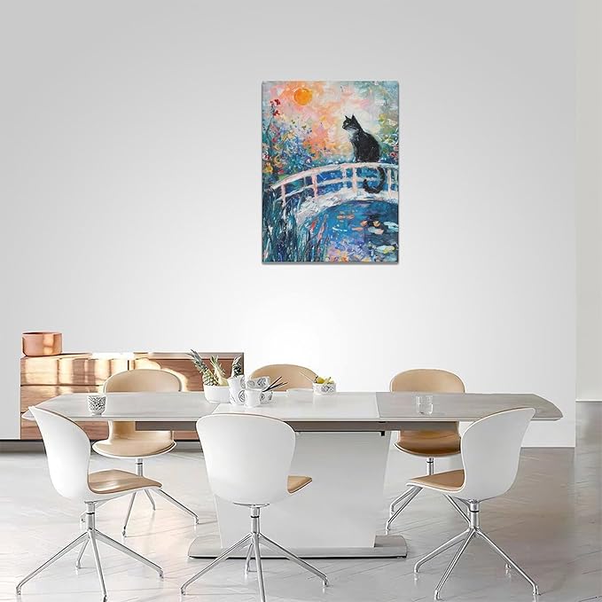 Quorin Black Cat Wall Art Water Lily Sunset Pictures Cat Wall Decor Impressionism Canvas Print Painting Artwork for Bathroom Living Room Bedroom 12"x16"