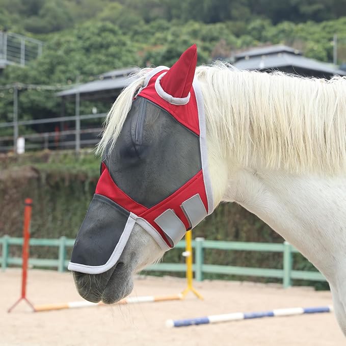 Horse Fly Mask with Ears & Long Nose Cover | Forelock Opening for Tangle-Free Mane Care | UV Protection & Breathable Mesh | No Rub Fit and Enhanced Visbility for Trail Riding Red Full