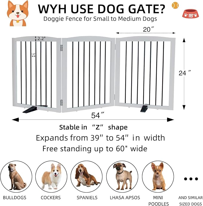 ZJSF Freestanding Panel Dog Gate for Indoor, Doorways,Stairs, or Hallways,Foldable Wooden White Pet Gates for House,Pet Gate for Dogs,Dog Fence, Puppy Gate,Support Feet Included,24 "Height-3 Panels