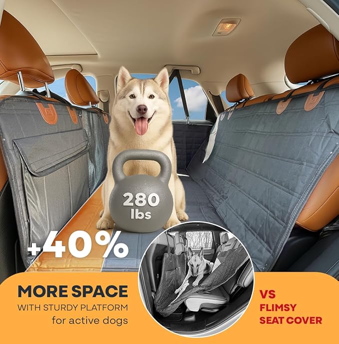 APetsPlanet Dog Car Seat Cover for Back Seat Hard Bottom - Waterproof Backseat Extender for Dogs - Pet Hammock for Car, Truck, SUV - Protector Bed with Mesh Window & Storage - Black, with Door Covers