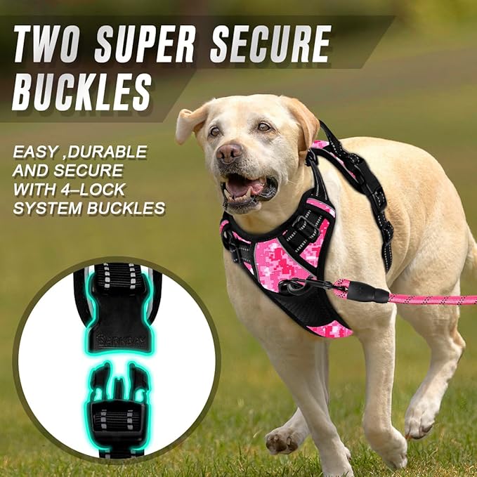BARKBAY No Pull Dog Harness Front Clip Heavy Duty Reflective Easy Control Handle for Large Dog Walking(Pink camo,L)