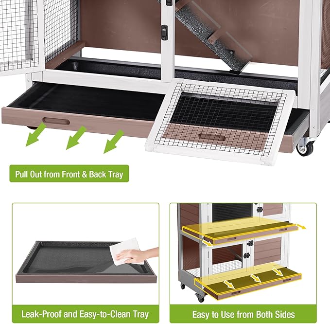 GUTINNEEN Rabbit Hutch Indoor with Chew-Proof Design, Wooden Bunny Cage Guinea Pig Cages with Lockable Wheels, Leak-Proof Trays for 1-3 Rabbits, Guinea Pigs, Small Animals (Brown)