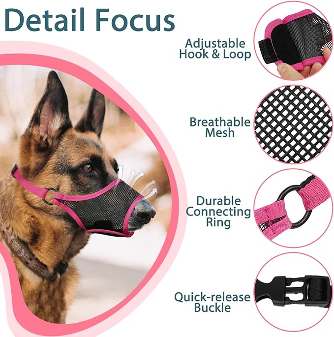 LUCKYPAW Dog Muzzle, Mesh Muzzle for Large Medium Small Dogs, Soft Mouth Guard for Biting Chewing, Breathable Mouth Guard with Adjustable Strap for Training(Hot Pink, XL(Snout:11"-12.25"))