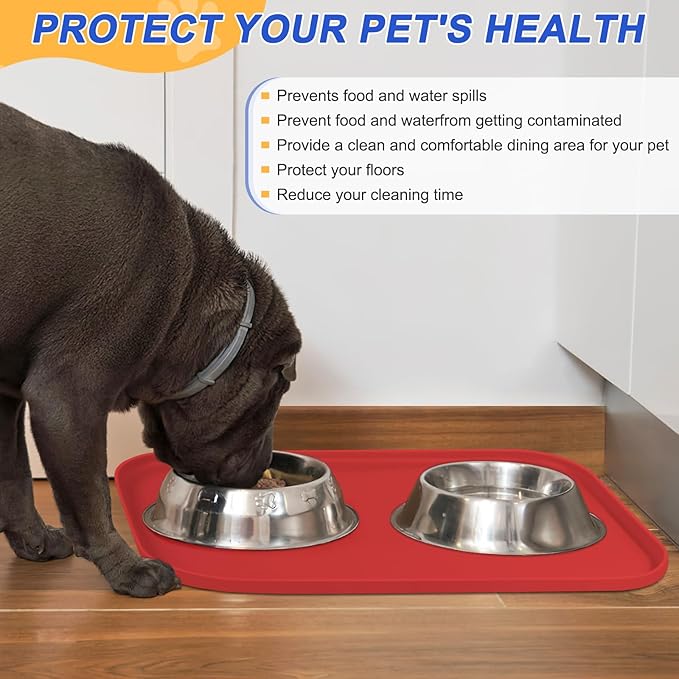 Silicone Pet Feeding Mat with Raised Edge for Food and Water, Dog Bowl Mats, Cat Bowls Placemat with High Lip for Floor Waterproof, Rubber Tray for Cats and Dogs 19 x 12 x0.7 Red
