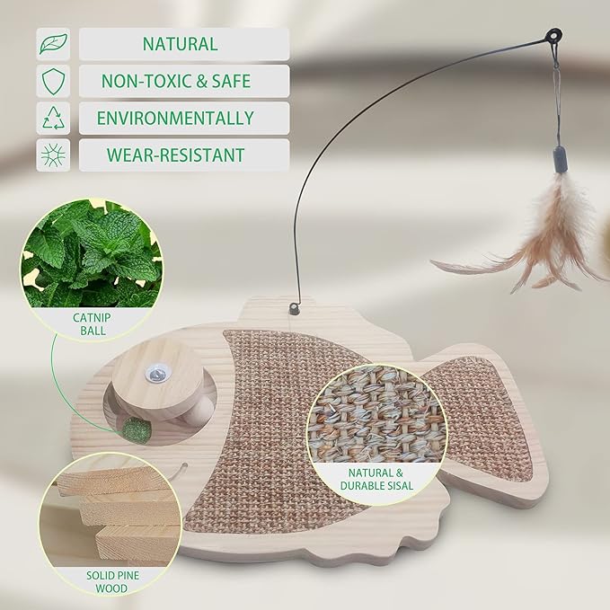 Petest Interactive Cat Toy Natural Sisal Cat Scratcher Toy with Catnip Balls, Fish Design