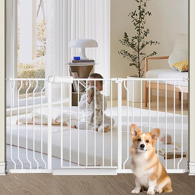 TSAYAWA Extra Wide Baby Safety Gate 29.6-33.8Inch Auto Close Child Gates, Pressure Mounted Gate for Stairs & Doorways, Indoor/Outdoor Heavy-Duty Pet Gate for Toddlers, Dogs, White