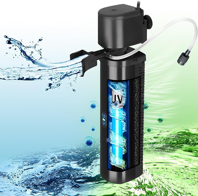 Aquarium Filter for 40-150 Gallon Tank, U-V Fish Tank Green Clean Machine Submersible Powerful Pump Canister Filter 400GPH for Pond Turtle Tank Saltwater Freshwater Crystal Clear Green Killing