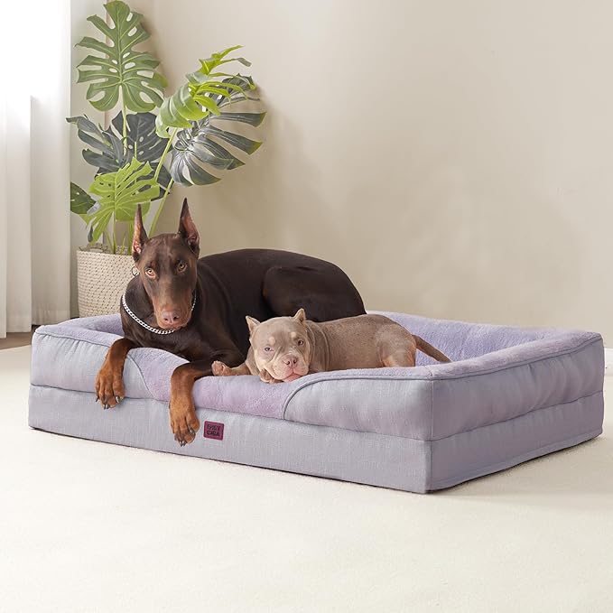 EHEYCIGA Memory Foam XXL Dog Bed for XLarge Sized, Extra Large Orthopedic Dog Sofa with Sides and Waterproof Liner, Washable Bolster Pet Couch with Removable Cover, 52x41x8 Inch, Purple