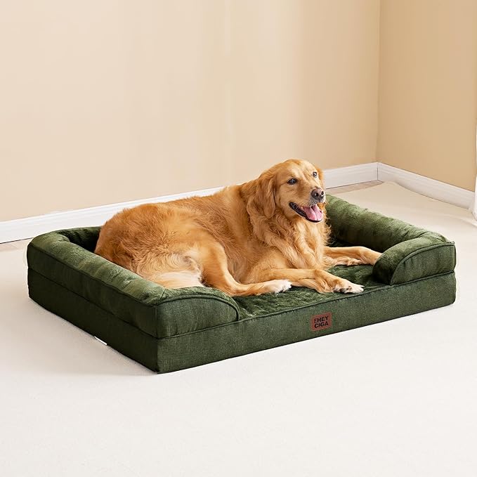 EHEYCIGA Orthopedic Dog Beds for Large Dogs, Waterproof Memory Foam Large Dog Bed with Sides, Non-Slip Bottom and Egg-Crate Foam Pet Couch Bed with Washable Removable Cover, Dark Green