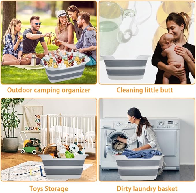 Collapsible Pet Bathtub, 7.1 Gal (27L) - Foldable Bathing Tub with Drain Plug for Dogs & Cats Under 30 lbs - Multi-Use as Laundry Basket, Storage Organizer, Camping Sink (Grey)