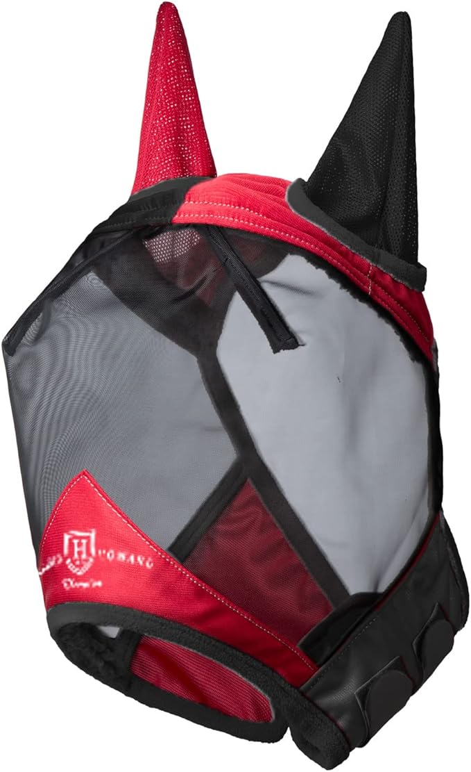 Harrison Howard Pro Luminous Horse Fly Mask Standard with Ears UV Protection for Horse Scarlet Red/Black XL Extra Full Size