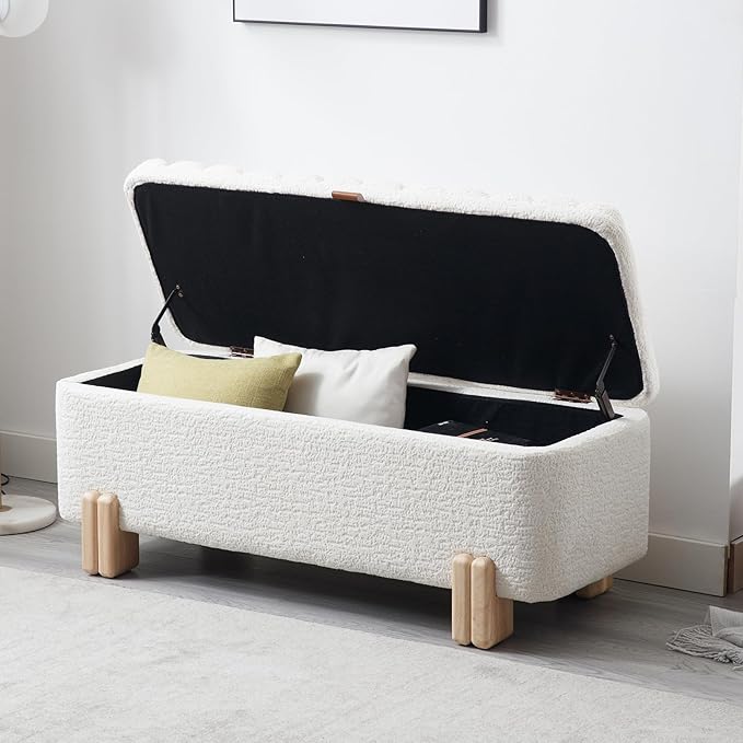 Kmax 45" Storage Bench Faux Fur Entryway Bench Upholstered Ottoman Bench with Wavy Top & Safty Hinge for Bedroom Living Room Hallway, White