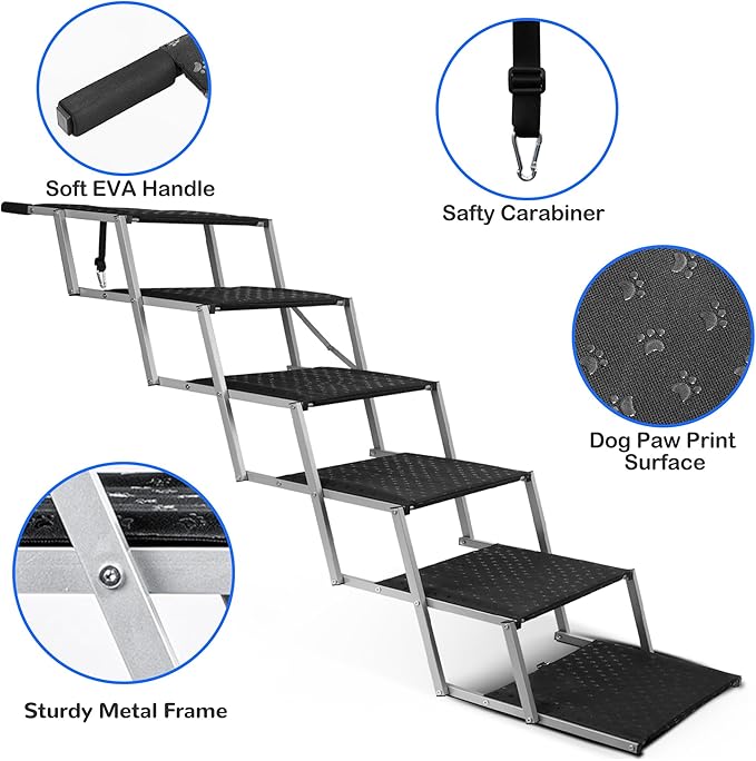 Niubya Dog Ramps for Cars, Portable Folding Dog Stairs for Cars, SUV, Trucks, Lightweight Pet Ramp for Large Dogs with Non-Slip Surface, Reinforced Pet Steps Supports Up to 200 lb, 6 Steps