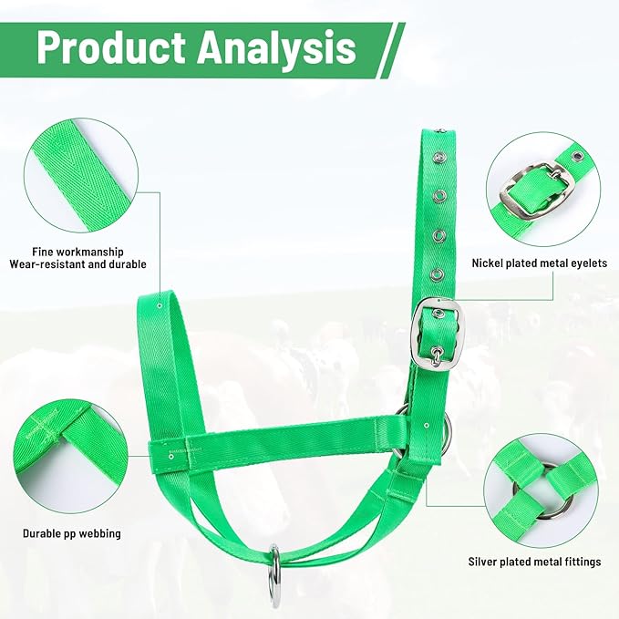 XUANNIAO Easily Adjustable Figure 8 Cow Halter, Double-Ply Premium Livestock Cattle Halters, Colorful Cow Utility Calf Halter with Leading Rope for Miniature Horse Donkey Goat Foal (Large, Green)