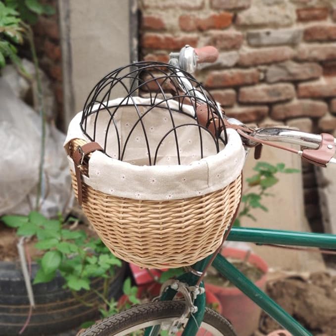 Shiker Basket with Wire Mesh Cover, Wicker Bike Basket for Small Dogs Cats, Front Handlebar Bike Basket, Easy to Detachable, 11.81 x 9.84 inch