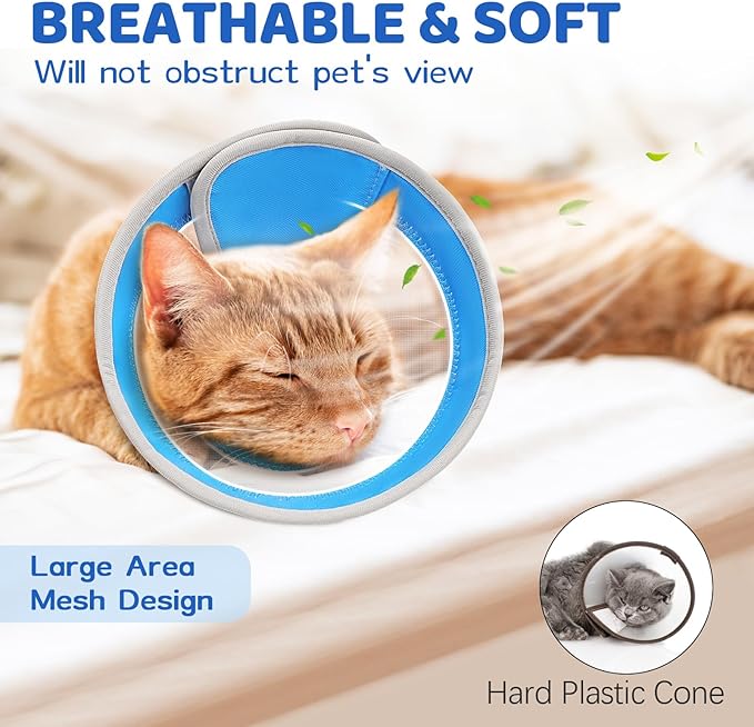 Breathable Air Mesh Cat Cone Collar Soft to Stop Licking, Adjustable, Foldable Lightweight Kitten Cones After Surgery Recovery for Cats & Kittens (Light Blue,M)