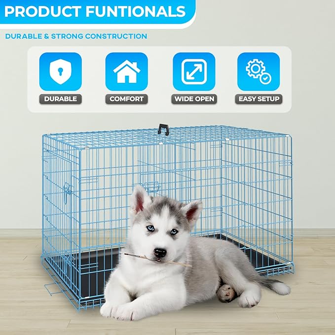 FDW Dog Crate for Medium Dogs 30 Inch Folding Metal WirePet Cage Double Door W/Divider Panel Indoor Outdoor Kennel Leak-Proof Plastic Tray,Blue