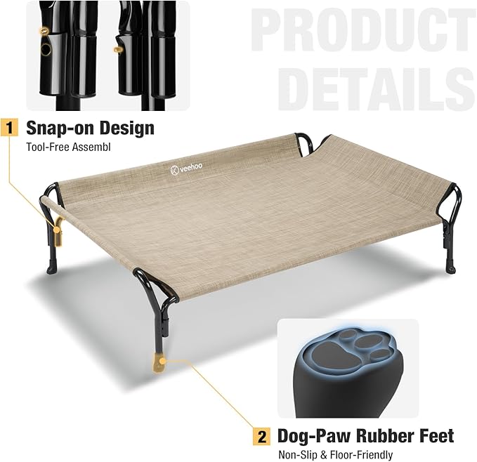 Veehoo Cooling Elevated Dog Bed, Raised Pet Cot with Guardrail & Slope Headrest, Durable Breathable Teslin Mesh, Non-Slip Feet, Washable Dog Couch Bed for Indoor & Outdoor, 47" x 32", Beige Coffee