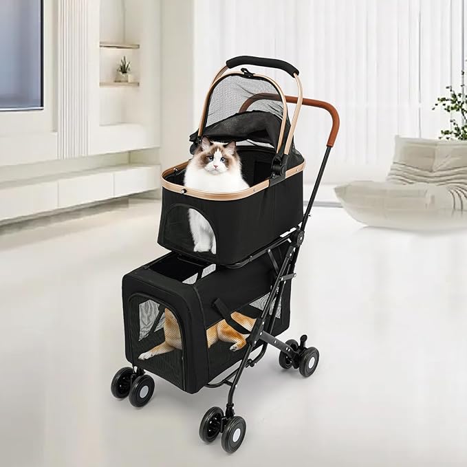 Foldable Pet Stroller for Small & Medium Dogs, Double Dog & Cat Stroller with 3-in-1 Travel System, Detachable Pet Carrier with Wheels for Cats and Dogs up to 77 lbs, Black