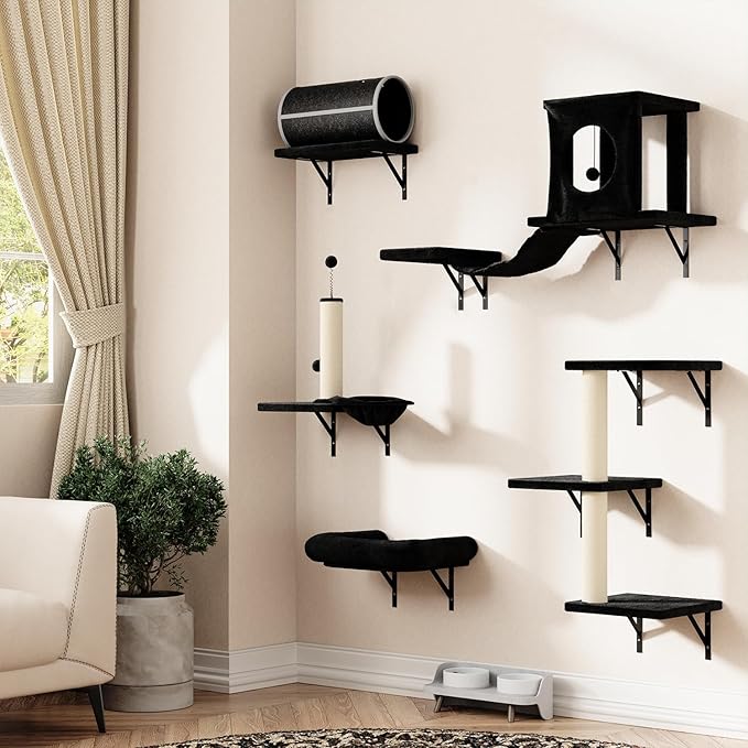 NUNU LAB Wall Mounted Cat Furniture, 7 Pcs Cat Wall Shelves with House, Tunnel, Bridge, Steps, Scratcher, Hammock, Bed, Indoor Safe & Stable Furniture for Kittens Play, Black